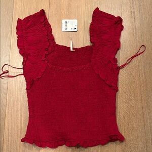 Free People Red Smocked Ruffle Crop Top